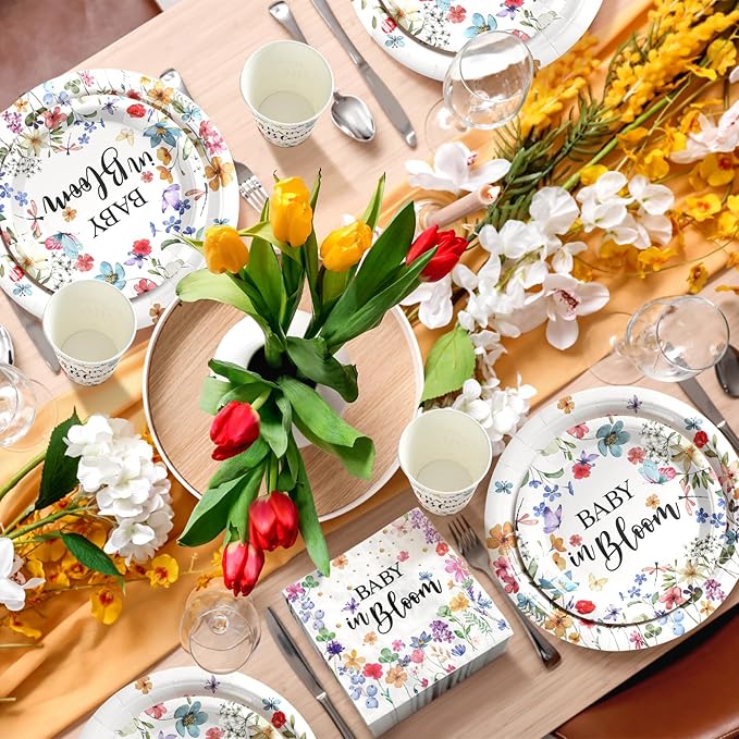Hsei 250 Pcs Baby in Bloom Baby Shower Decorations Wildflower Plates and Napkins Set Floral Party Tableware Set for 50 Guests Floral Disposable Plates Napkins Cups for Birthday Party Supplies