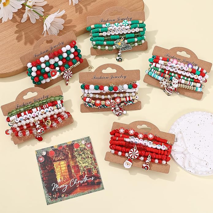 Cooluckday 36 Pcs Holiday Heishi Surfer Bracelets for Women Bulk Easter Mother's Day Christmas St. Patrick's Day Mardi Gras Bracelet Stackable Stretch Friendship Bracelets Set