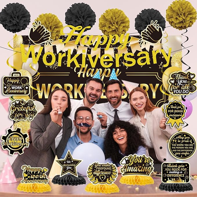 Happy Work Anniversary Decorations - 23PCS Glitter Happy Workiversary Banners Hanging Swirls Honeycomb Centerpieces Pompoms Backdrop, Office Appreciation Supplies Decor for Employee Worker