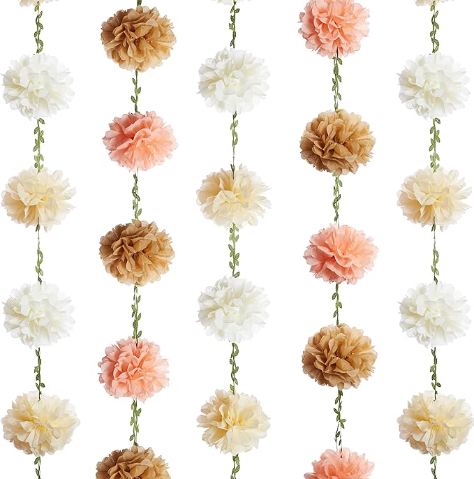 2 Pc Champagne Hanging Paper Flower Garland, 8.2 FT Ombre Tissue Paper Flower Garland, Champagne Gradient Pom Pom Garland for Wedding Backdrop Bridal Shower Engagement Party