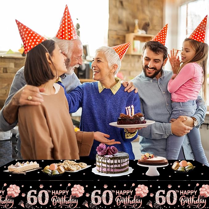 3 Pack Pink Rose Gold 60th Birthday Tablecloth Decorations - Happy Sixty Theme, Plastic Disposable Rectangular Table Cloth Decor