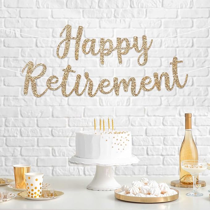 Pre-strung Happy Retirement Banner - No Diy - Gold Glitter Happy Retirement Banner in Script - Pre-strung on 6 ft Strand - Farewell Party Decorations for Men & Women. Did We Mention No Diy