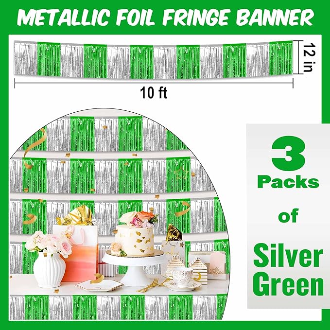 3 Pack 10 Ft Silver Green Foil Fringe Garland Metallic Streamers Tinsel Banner Wall Hanging Garland Backdrop for Parade Floats, Halloween, Christmas, Thanksgiving, New Year Party Decorations