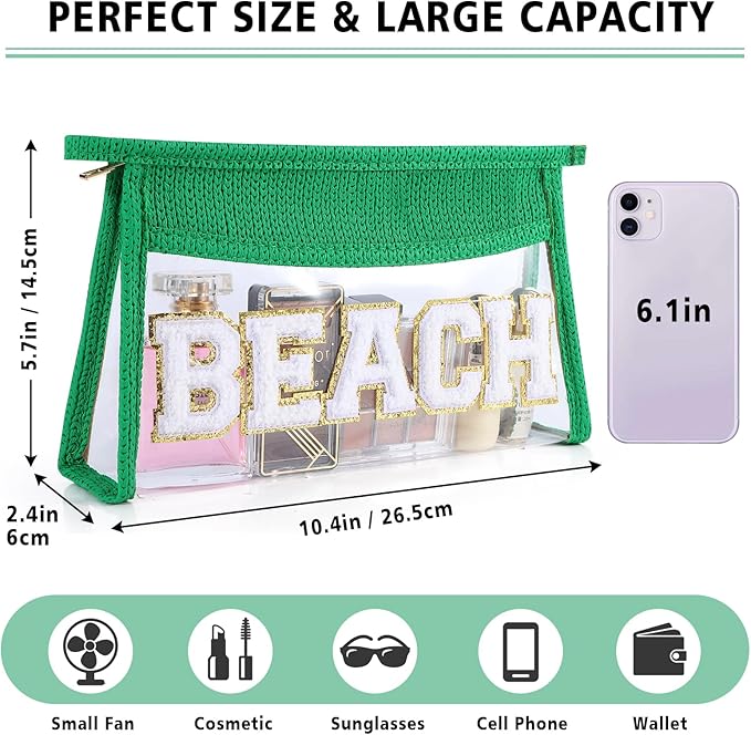 Beach Pouch Sunscreen Clear Makeup Bag Chenille Letter Beach Cosmetic Pouch Summer Essential Cute Toiletry Pouch Travel Accessories Gifts for Women
