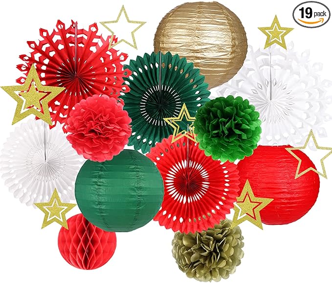 Christmas Party Decorations, Christmas Paper Lanterns Gold Star Pendant Hanging Snowflakes Paper Fan Pom Poms Flowers Honeycomb Ball for Xmas Party Eve Holiday Home Decor