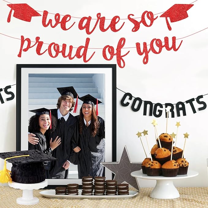 2026 Graduation Decorations Pre-Strung Blingbling We Are So Proud of You Banner Glitter Graduation Garland for Class of 2026 High School College Grad Party (Red)