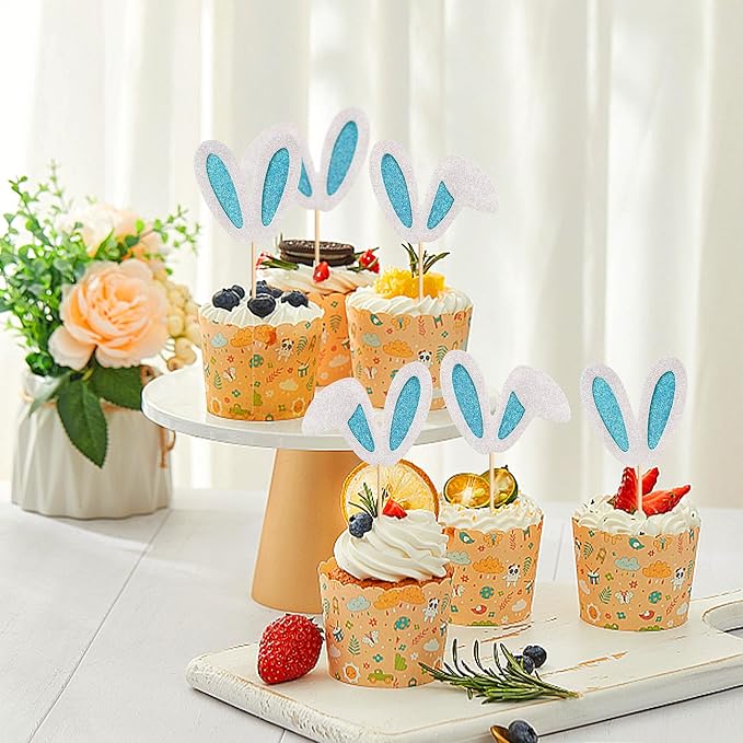Ercadio 24 Pack Easter Bunny Ear Cupcake Toppers Glitter Blue White Rabbit Ears Cupcake Picks Easter Bunny Cupcake Toppers Rabbit Cake Toppers for Kids Boys Birthday Baby Shower Party Supplies