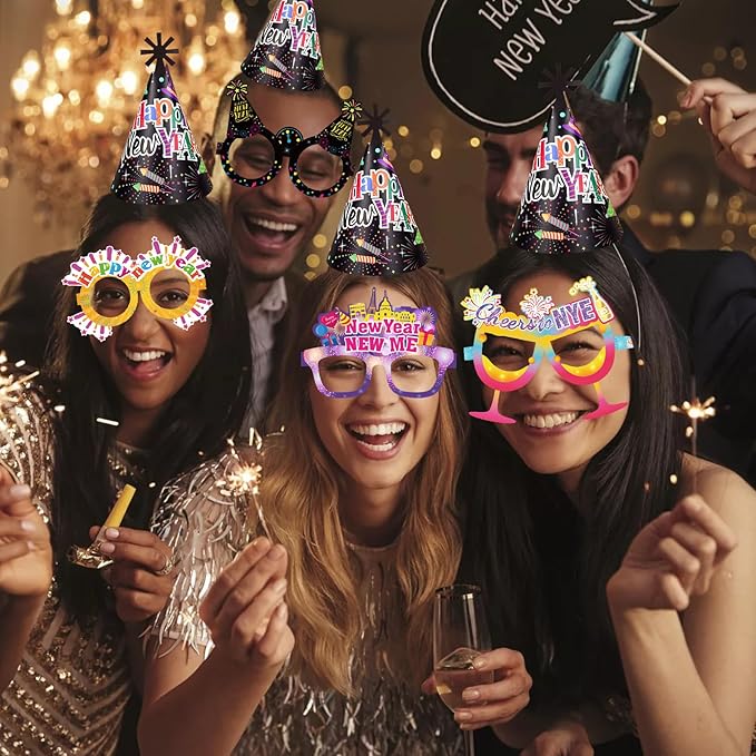 HOWAF 2026 New Year Eve Party Supplies, Happy New Year Tiaras Headband, 2026 New Year Glasses Top Hats Fringed Noisemaker and Necklace, Black and Colorful New Year's Eve Party Favors