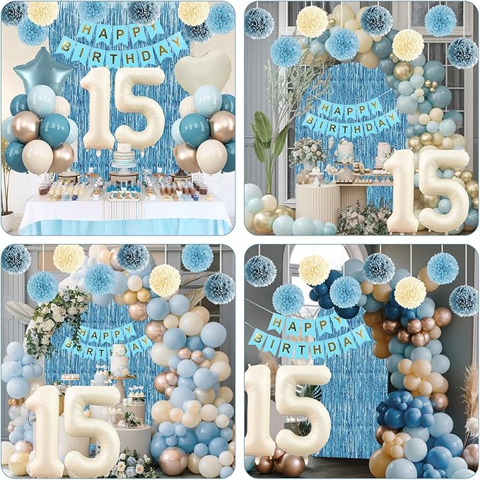 Dusty Blue 15th Birthday Party Decorations Boys Girls Beige Cream Number 15 Balloon with Blue Gold Happy Birthday Banner Fringe Curtain Paper Pom Poms Nude White Sand Champagne Star Foil Balloons