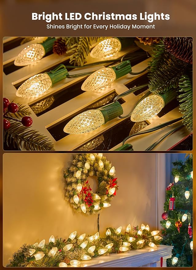 C9 Christmas Pathway Lights Outdoor, 25.7 Feet 20 LED C9 Strawberry Walkway Lights with Marker Stakes, Connectable Shatterproof C9 String Lights for Lane Outside Yard Decorations, Warm White, 4 Pack