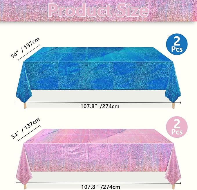 2Pcs Pink & 2Pcs Blue Holographic Tablecloths Rectangular Pink and Blue Iridescent Shimmer Metallic Table Covers for Baby Shower Gender Reveal Decorations Boy or Girl Birthday Supplies, 54 x 108inch