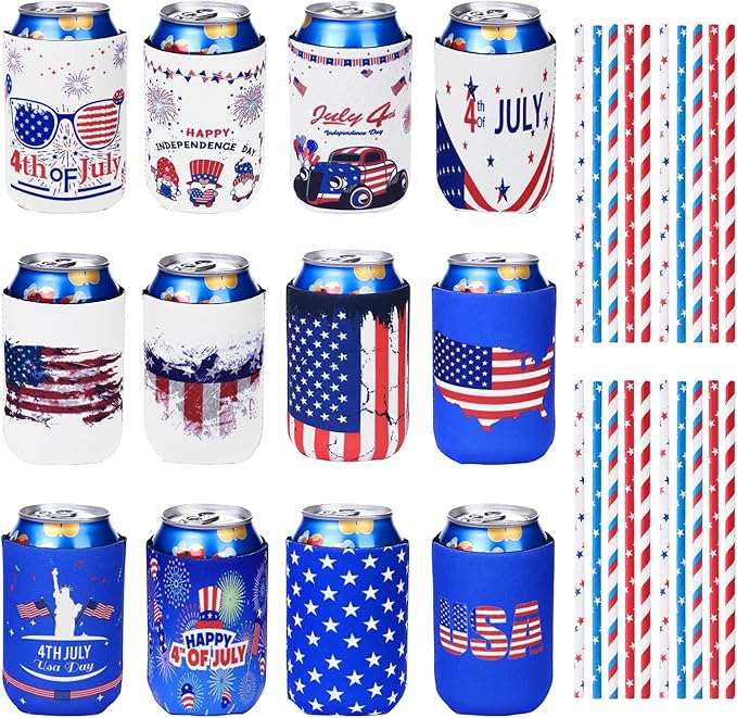 4th of July Decoration Can Cooler Sleeves, 12 Pcs Independence Day Can Party Supplies USA Flag Insulated Collapsible 4th of July Cooler Sleeves for Patriotic Memorial Day (Blue and White)