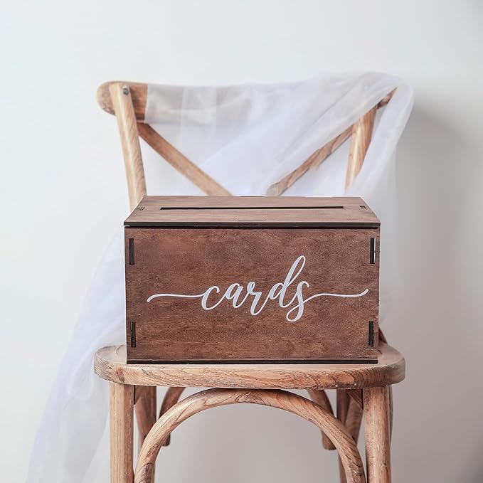 Wooden Wedding Card Box with Slot & Lid | Graduation Card Box | Rustic Vintage Decorations for Reception for Wedding Registry Gifts, Honeymoon Funds & Money | Baby & Bridal Shower - Standard Size