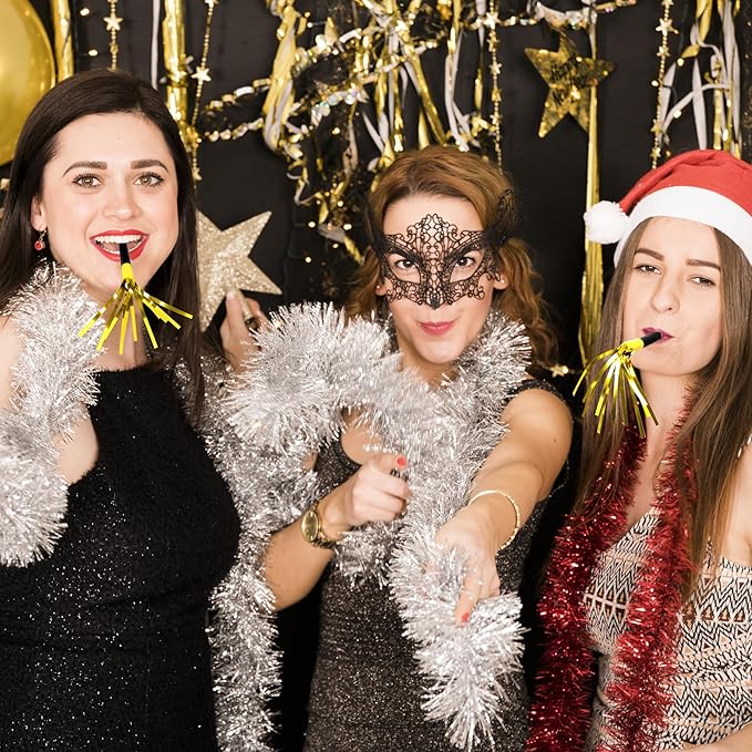 50Pcs New Years Noise Makers, Gold Party Blowers, Happy New Year Party Favors Metallic Fringed Party Horns, Birthday Blowers for Adults Women Men New Years Eve Supplies