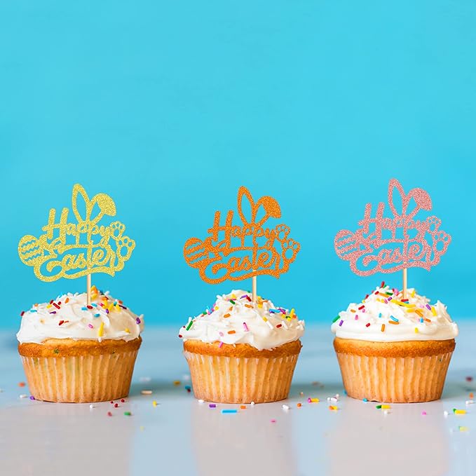 Ercadio 24Pcs Gold Pink Orange Happy Easter Cupcake Toppers Glitter Happy Easter Bunny Ears Cupcake Picks for Easter Day Baby Shower Easter Birthday Wedding Anniversary Party Decor Supplies