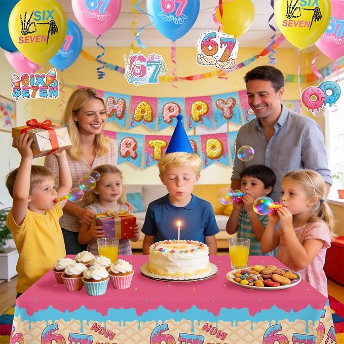 6 7 Themed Birthday Party Decorations, 6 7 Meme Decorations, Includes Foil Balloon, Banner, Hanging Swirls, Latex Balloons, Tables Centerpieces, Tablecloth for Six Seven Kids Boy Girl