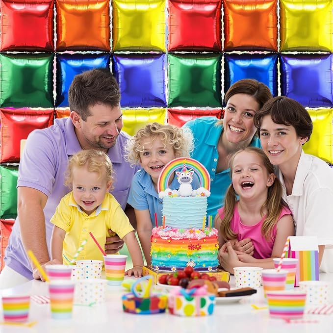 36 Pcs Rainbow Birthday Decorations Balloons Brick Square Foil Balloon Wall Backdrop Arch Kit Double Sided Metallic for Cartoon Video Game Party Supplies(Red Yellow Blue Green Orange Purple)