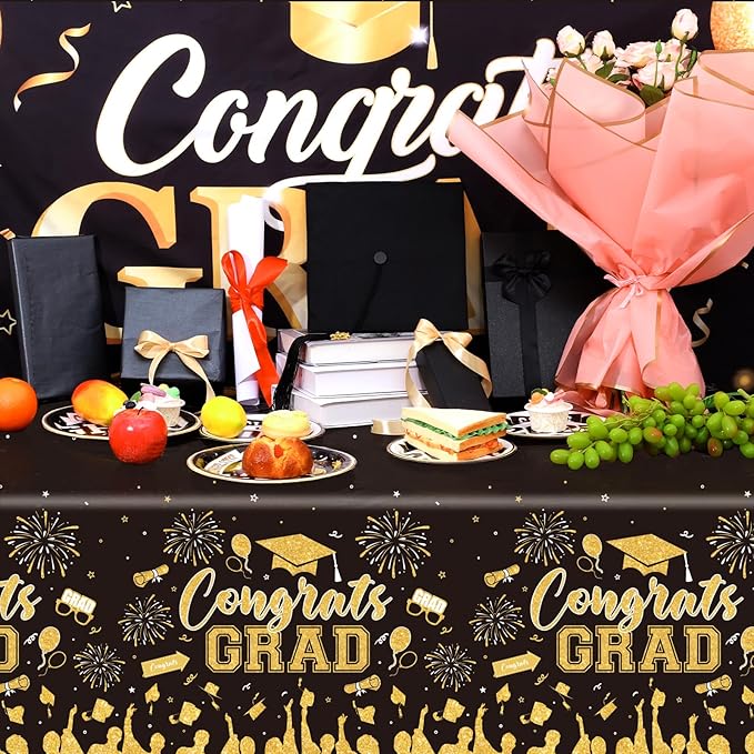 3 Pack Plastic Graduation Tablecloth, Graduation Decorations Class of 2026 Disposable Rectangle Black and Gold Table Cover, 2026 Gongrats Grad Table Cloths for Graduation Party Decorations, 54x108