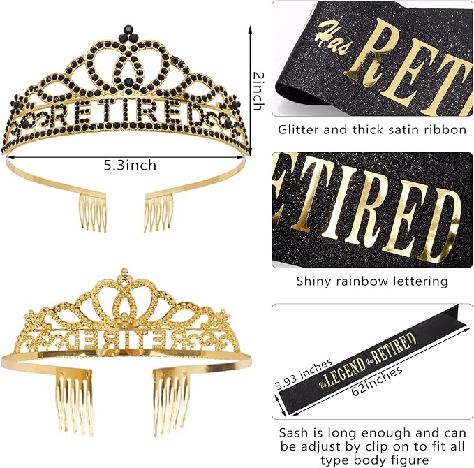 SuPoo Retirement Party Decorations Retired Sash for Women Black Gold Retired Tiara Crown Rhinestone Headband Retirement Gifts The Legend Has Retired Sash for Both Women and Men Party Supplies Favors