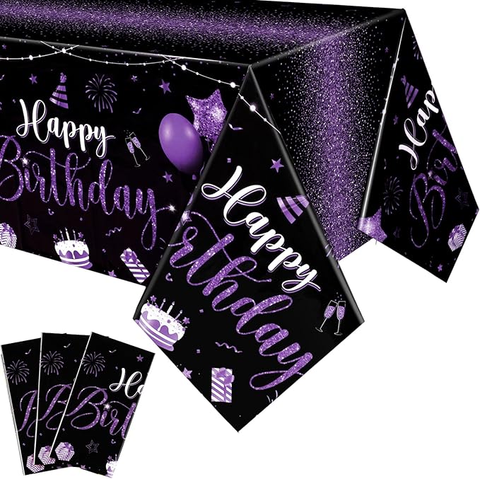 Tudomro 3 Pcs Happy Birthday Tablecloths Happy Birthday Party Decorations Plastic Table Cover Rectangular Cloths for Women Men Baby Shower Party Supplies, 108 x 54 Inch (Black Purple)