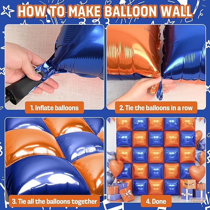 Blue and Orange Square Foil Balloons Wall, Double Sided Chrome Deep Blue and Orange Balloons Tunnel Arch Kit Backdrop for Boys Birthday Graduation Baby Shower blue Birthday Party Decorations