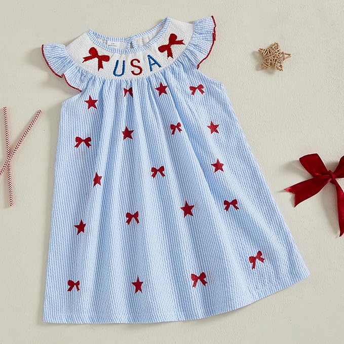 MoZiKQin 4th of July Baby Girl Outfit Toddler USA Dress Ruffle Sleeve American Flag Smocked Dresses Fourth of July Outfit
