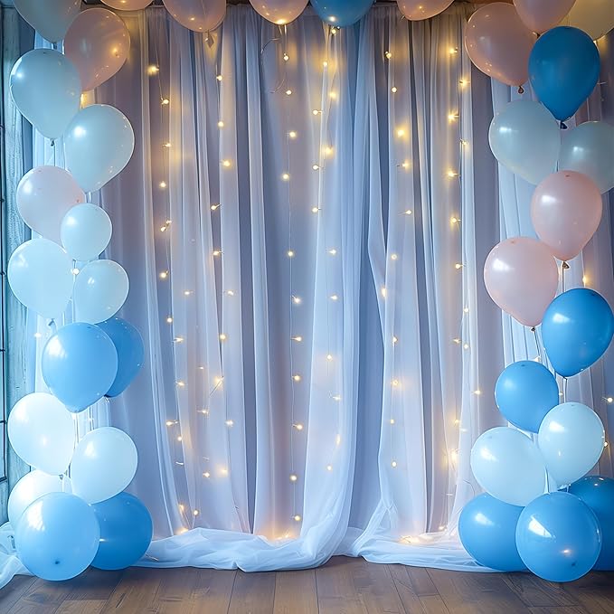 10ft x 8ft Blue Backdrop Curtain with Lights String for Parties, Sheer Tulle Wedding Photo Backdrops Drapes for Baby Shower Birthday Party Decorations Background for Photography