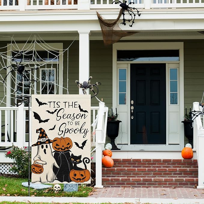 Halloween Garden Flag Tis the Season to be Spooky Ghost Pumpkins Black Cat Yard Flag 12x18 Inch Double Sided Holiday Yard Outdoor Decoration