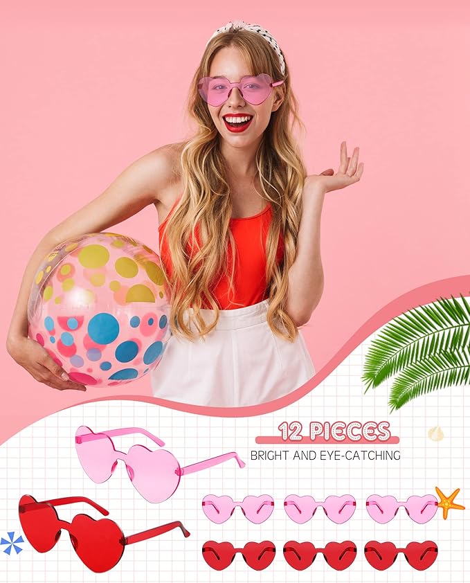 Photect 12 Pair Heart Shaped Sunglasses Neon Color Transparent Heart Glasses for Women Party Favor
