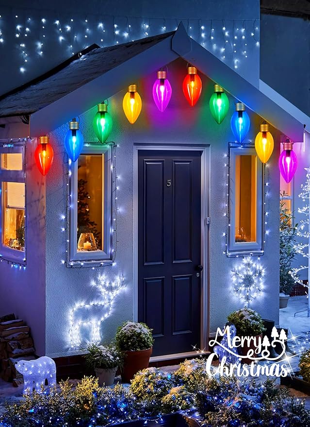 Super Jumbo 2 Pack Christmas & Pathway String Lights, Outdoor Xmas Decor - 11Ft 5 Jumbo LED Hanging Lights, Waterproof Lawn Decoration for Home Tree Roof Yard Garden, Multicolor