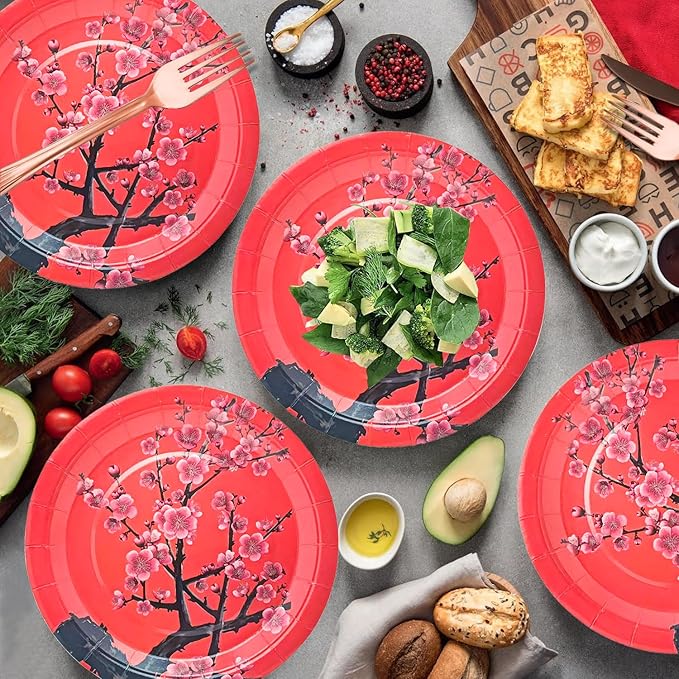 50Pcs Chinese New Year Party Supplies Chinese Japanese Cherry Paper Plates 7"Cherry Blossom Dessert Plates Flowers Plates for Birthday Wedding Chinese New Year Spring Festival Decorations (Red)