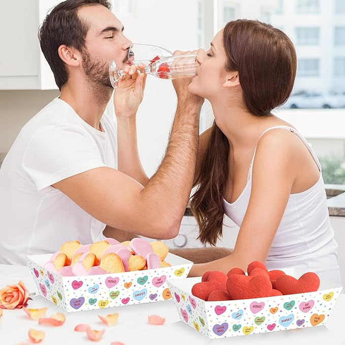 50 Pcs Valentines Paper Food Trays, Disposable Conversation Heart Serving Tray Valentine's Decorations, Love Holder Snack Food Boats, Popcorn Hot Dog Container for Wedding Birthday Party Supplies