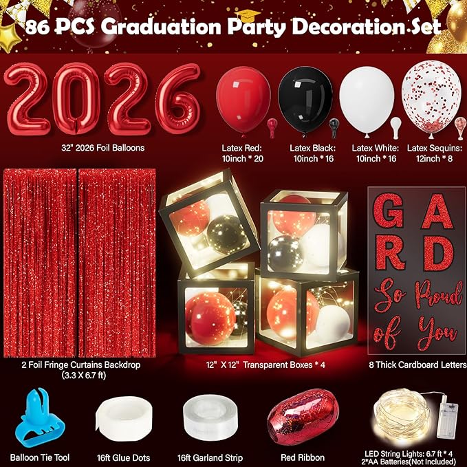 Graduation Party Decorations Class of 2026, 86PCS Red & Black Graduation Party Supplies High School College Grad Balloon Boxes with Letter, Foil Curtains, LED String Light, Balloon Garland Kit