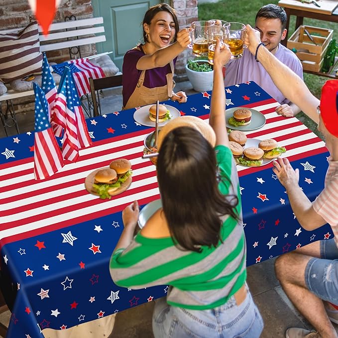 QZYL 4 Pack 4th of July Decorations, 54" x 108" USA Plastic Table Cloth, Tear Resistant Patriotic Tablecloth Fourth of July Tablecloths American Tablecover, Red White Blue Party Supplies