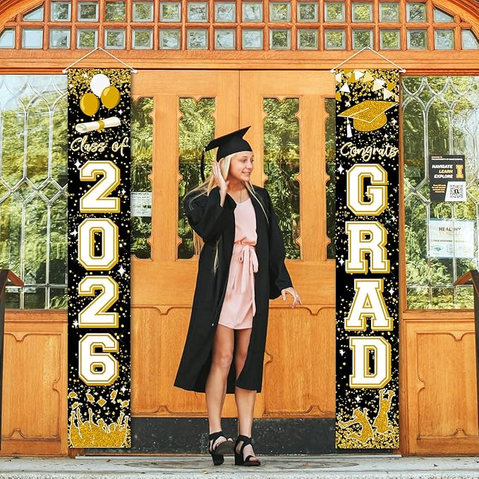Class of 2026 Graduation Decorations Black and Gold Congrats 2026 GRAD Porch Sign Banner for High School and College Graduation Party Decoration