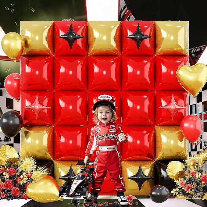 32PCS Black Red Square Foil Balloons Kit, Double Sided Red Black and Metallic Gold Balloon with Star Balloons Backdrop Flat Tunnel for Birthday Graduation Casino Game Race Car Party Decor Background