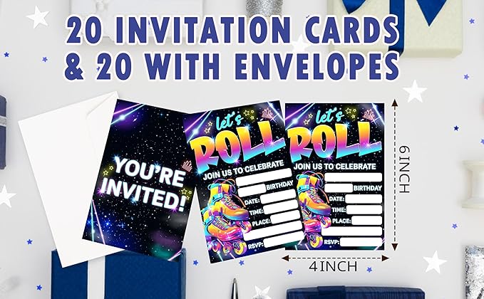 CLIRBE Let's Roll Birthday Party Invitations, Glow Neon Birthday Invitations For Brother Bro Teen Boys Girls, 20 Invites Cards With 20 Envelopes, Party Supplies Favors -H07