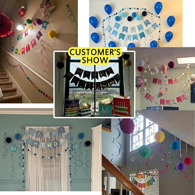 Black Birthday Decorations with Happy Birthday Banner, Paper Honeycomb Balls, Circle Garland and Hanging Swirl Decorations