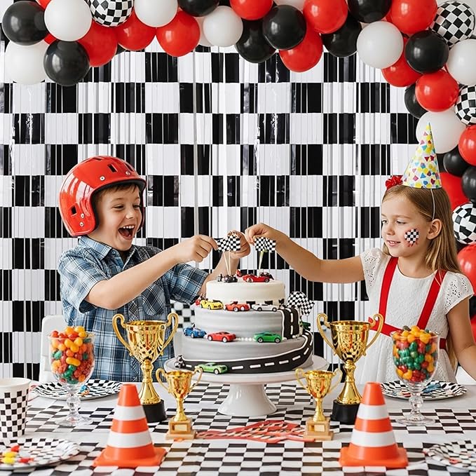 TONIFUL 2Pcs Checkered Door Streamers, Photo Booth Backdrop,Metallic Streamers Checkered Foil Fringe Curtains for Birthday,New Year,St. Patrick's Day Independence Day Labor Day Party (6.6ft x 6.6ft)