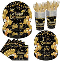 144PCS Happy Retirement Party Supplies Black Gold Retirement Tableware Set Retired Party Decorations Including Paper Plates Napkins Cups Forks Serve 24 for Men Women