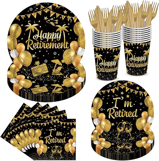 144PCS Happy Retirement Party Supplies Black Gold Retirement Tableware Set Retired Party Decorations Including Paper Plates Napkins Cups Forks Serve 24 for Men Women