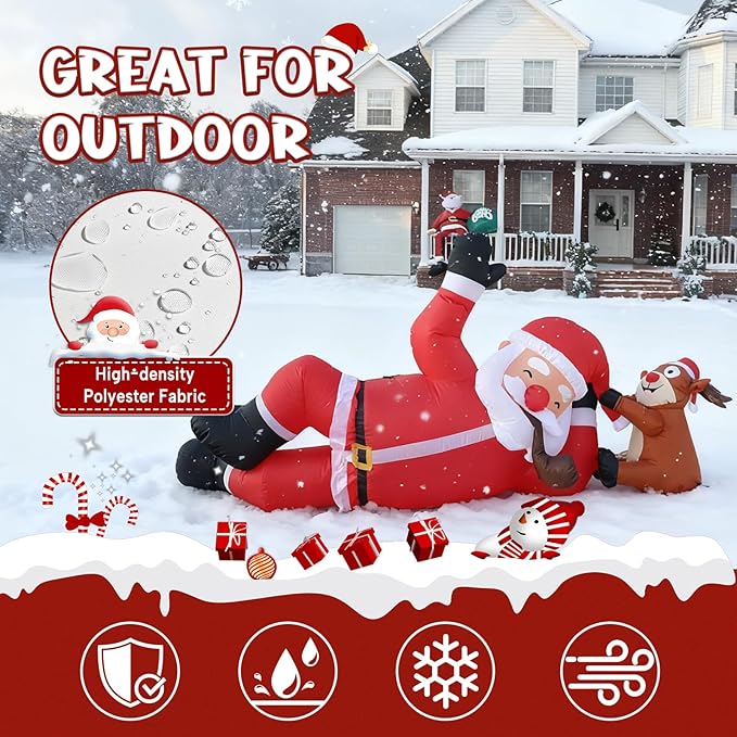 JOYHALO 8FT Christmas Inflatable Lying Santa and Reindeer Outdoor Decorations, Blow Up Yard Decorations with Bright LED Lights, Giant Christmas Inflatables for Roof Indoor Lawn Party Decor