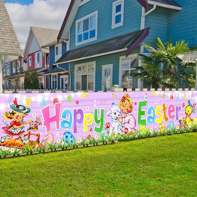 Easter Decorations Happy Easter Banner Traditional Easter Day Porch Banner Easter Yard Sign for Wall Yard Fence Spring Theme Party Indoor Outdoor (Pink)