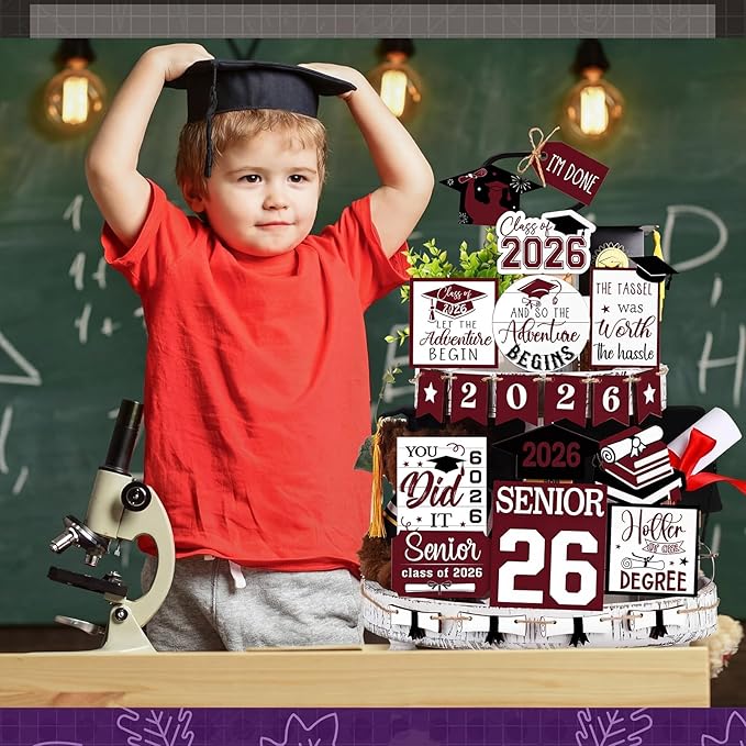 22 Pcs 2026 Graduation Tiered Tray Decor Sets Wooden Graduation Class of 2026 Table Decorations Senior 2026 Gown Diploma Farmhouse Signs for Home Shelf Party Office Desk(Dark Red)
