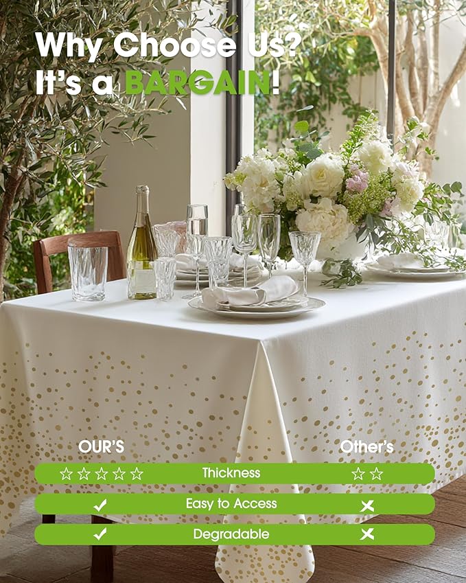 Pureegg Plastic Table Cloth Disposable 8 Pack, 54 x 108 Inch Table Cloths, Graduation Decorations Class of 2026, Graduation Tablecloths, Rectangle, Plastic Cover, Leakproof & Sturdy, White and Gold