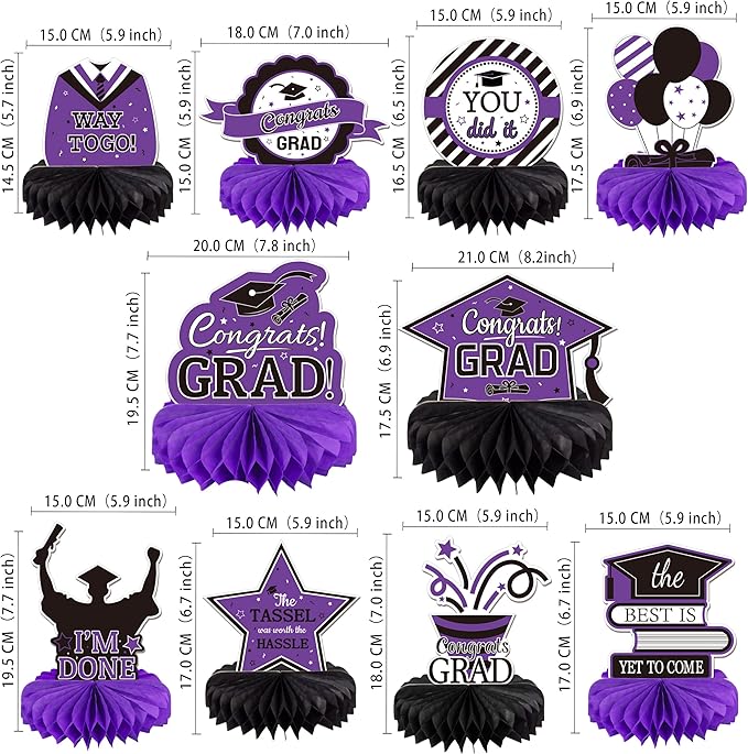 10PCS Graduation Decorations Class of 2025 Centerpieces, Congrats Grad Honeycomb Table Toppers for Graduation Party Favors, 2026 Graduation Party Decorations (10PCS, Purple & Black)