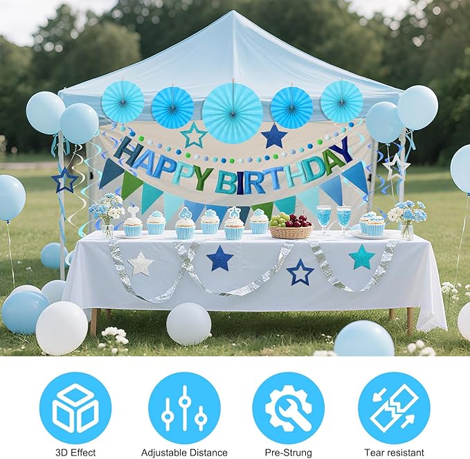 Pre-Strung Happy Birthday Banner, Reusable Felt Birthday Party Decorations, 3D Effect Happy Birthday Sign with Felt Ball Garland, Pennant Flag, Hanging Paper Fans for Men Women Boy Girls (Blue)