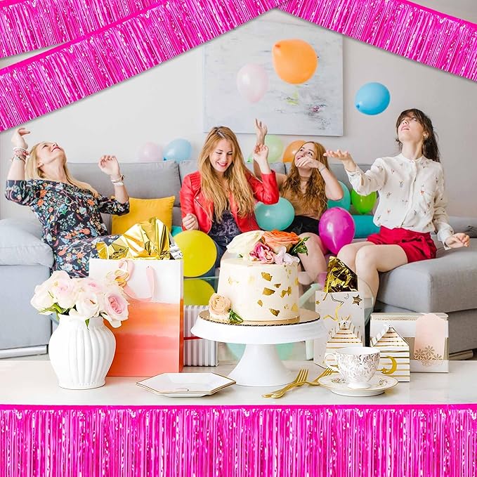 3 Pack 10 Ft Fuchsia Foil Fringe Garland Metallic Streamers Tinsel Banner Wall Hanging Garland Backdrop for Parade Floats, Halloween, Christmas, Thanksgiving, New Year Party Decorations