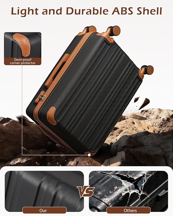 Coolife Luggage, Suitcase with Durable and Lightweight, Large Checked Luggage with ABS Hardshell Expandable, Dual Spinner Wheels, TSA Lock, and YKK Zipper (apricot black, L(28in))