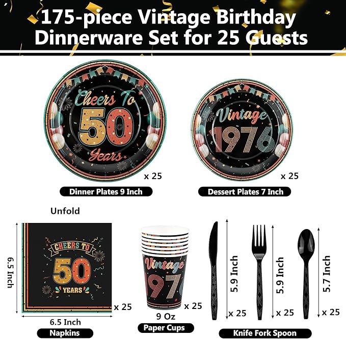 Kochorie 175 Pieces Vintage 50th Birthday Party Supplies Cheers to 50 Years Birthday Party Table Decoration Back in 1976 Tableware Set 7 Inch & 9 Inch Paper Plates Napkins Cups Cutlery Serves 25